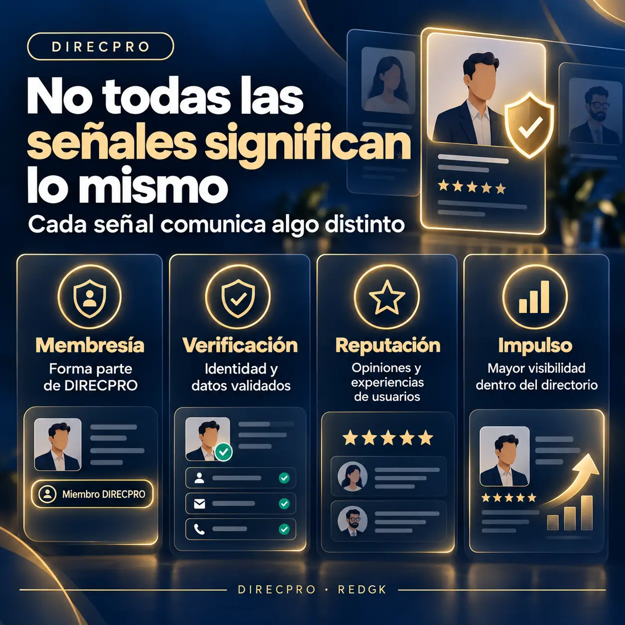 Diferencia entre membresía verificación reputación e impulso profesional en DIRECPRO